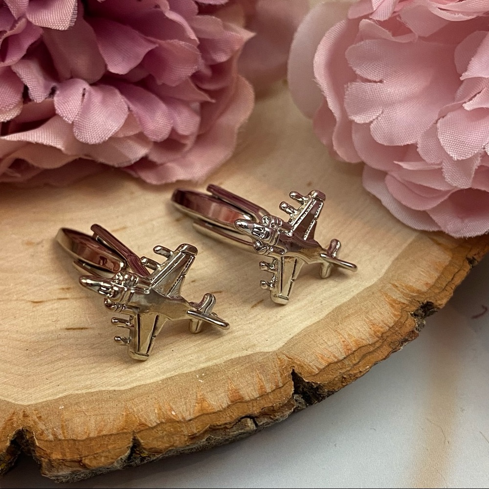 Silver Military Fighter Jet Airplane Cufflinks - Picture 6 of 15